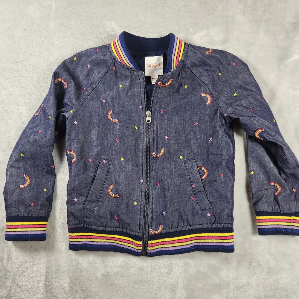 Cat & Jack Girls Denim Jacket Sz 6 6X Full Zip Rainbow Star Whimsical Jean Coat